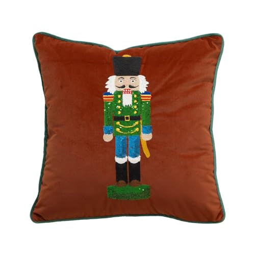 Fennco Styles Embroidered Sequin Nutcracker Velvet Throw Pillow Cover 18" W x 18" L - Green Festive Cushion Case for Home, Christmas, Winter Holidays Décor, and Special Occasions