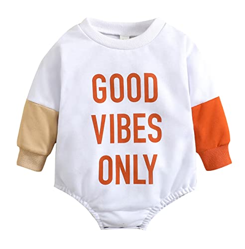 stylesilove Unisex Baby Boys Girls Good Vibes Only Long Sleeve Cotton White Sweatshirt Romper Toddler Letter Print Jumpsuit