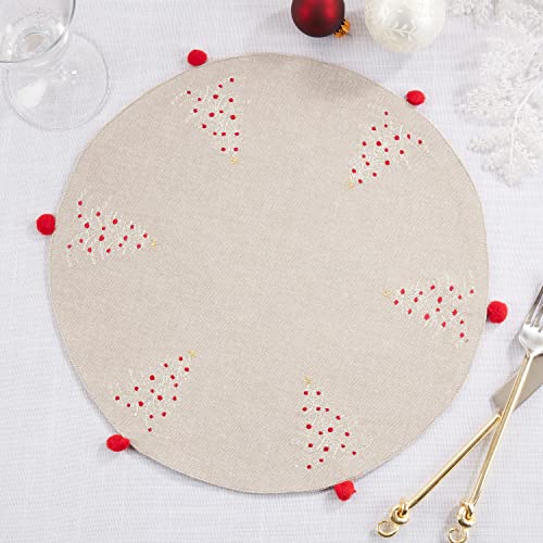Fennco Styles Embroidered Christmas Trees Design Placemats with Tassel 14" Round, Set of 4