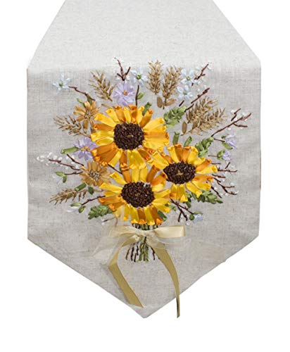 Fennco Styles Handmade Ribbon Embroidery Flower Decorative Linen Table Runner 13 x 72 Inch