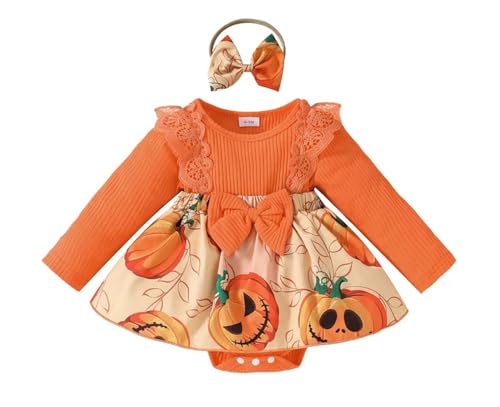 stylesilove Infant Baby Girl Orange Pumpkin Long Sleeve Lace Romper Dress & Bow Headband 2pcs Halloween Clothing Set