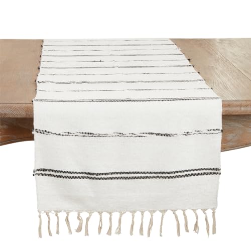 Fennco Styles Striped Cotton Table Runner with Fringe 16" W x 72" L - Natural Woven Table Cover for Everyday Use, Dining Room, Banquets, Family Gatherings, Holidays and Home Décor