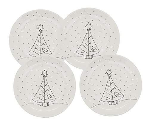 Fennco Styles Cartoon Christmas Tree Holiday Salad Plates 8" Round, Set of 4 - White Dolomite Serving Plate for Home, Christmas Décor, Kitchen, Family Gathering and Special Occasion