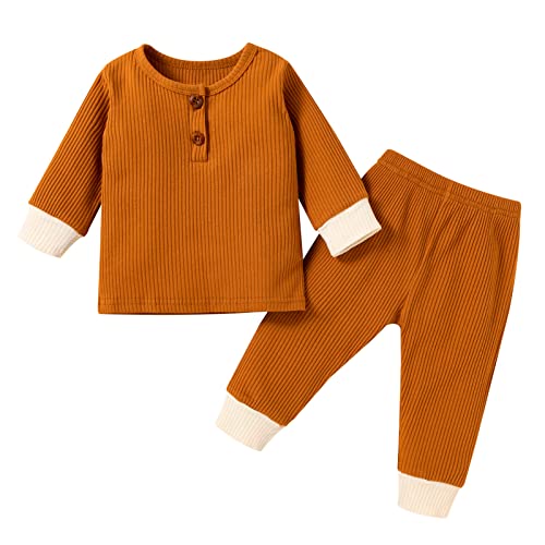 stylesilove Baby Boys Girls Solid Long Sleeve Henley Top & Pants 2pcs Set Unisex Toddler Ribbed Cotton Outfit
