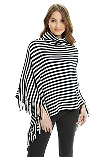 stylesilove Women Autumn Winter Knit Striped Turtleneck Fringe Poncho Pullover Shawl Warm Soft Wrap Lightweight Cape