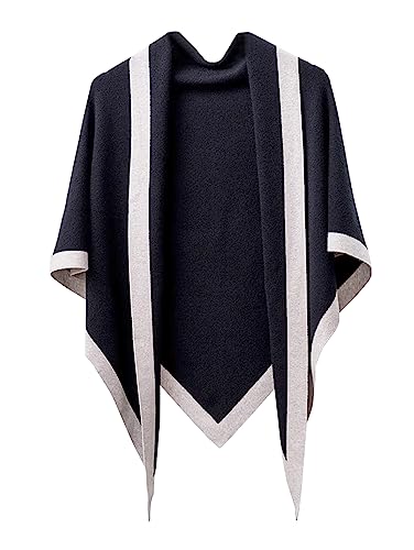 stylesilove Women Wool Blend Cashmere Knitted Solid Color Triangular Shawl with Contrast Border Lightweight Stole Wrap Scarf