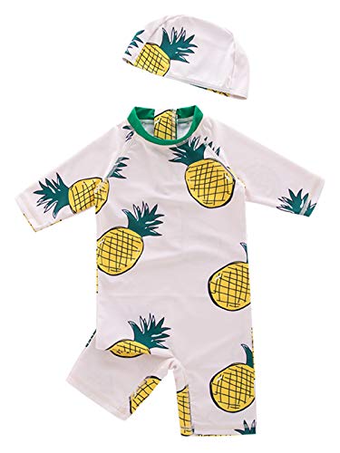 Styles I Love Little Boys Pineapple Print One-Piece Rash Guard Swimsuit with Swim Hat 2pcs White Bathing Suit Beach Swimwear