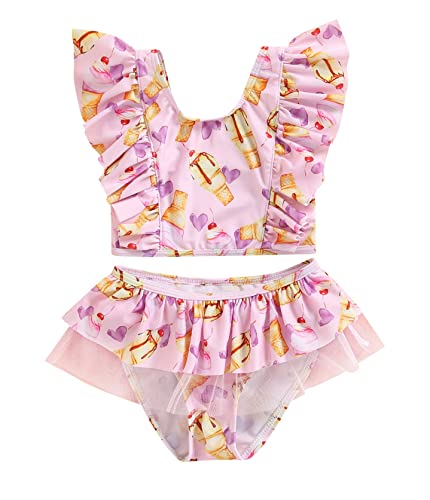 stylesilove Toddler Kid Girls Ice Cream Printed Ruffle 2pcs Bikini Set Flutter Tankini Swimsuit Bathing Suit Beach Swimwear