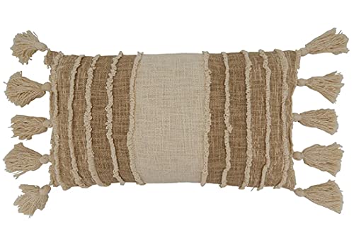 Fennco Styles Striped Tassel Design Cotton Decorative Throw Pillow 12" W x 20" L – Ivory Fringe Cushion for Home, Couch, Bedroom, Living Room and Office Décor