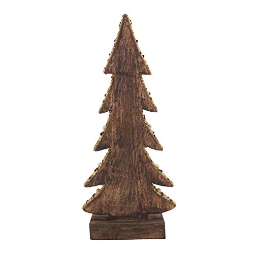 Fennco Styles 15" H Beaded Wooden Christmas Tree Figurine - Brown Tabletop Small Tree for Christmas, Holiday, Home, Desk, Mantel and Office Décor