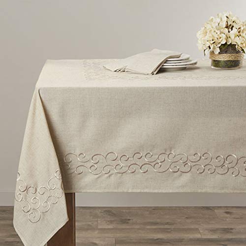 Fennco Styles Classic Embroidery Scroll Border Linen Blend Tablecloth - Natural Tablecloth for Wedding, Banquet, Special Events and Home Décor