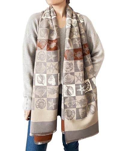stylesilove Women Seashell and Starfish Design Fringe Cashmere Scarf Warm Ultra Soft Scarves Shawl Neck Wraps