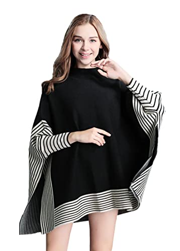 stylesilove Women Autumn Winter Striped Poncho Knit Pullover Mock Neck Sweater Batwing Sleeve Oversized Jumper Top