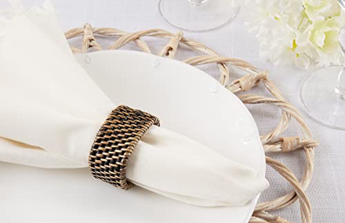 Fennco Styles Rustic Woven Oval Rattan Napkin Rings, Set of 4 - White Handmade Napkin Holders for Home, Farmhouse Décor, Banquets, Family Gathering and Special Occasion