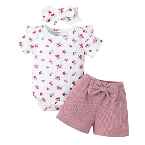 stylesilove Infant Baby Girls Floral Print Short Sleeve Bodysuit & Shorts & Headband 3pcs Set Spring Summer Romper Outfit