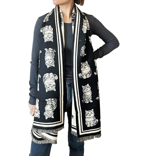 stylesilove Women Cute Kitten Print Cashmere Scarf Warm Ultra Soft Fringe Scarves Shawl Neck Wraps for Autumn and Winter