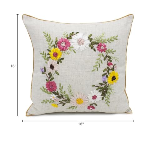 Fennco Styles Handmade Ribbon Embroidery Flower Decorative Linen Table Runner Throw Pillow