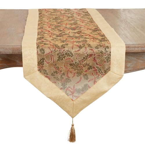 Fennco Styles Holly Ribbon Holiday Christmas Sheer 16" W X 54" L Table Runner - Gold Satin Border and Tassels Table Cover for Family Dinner, Banquets, Special Events, and Home Décor