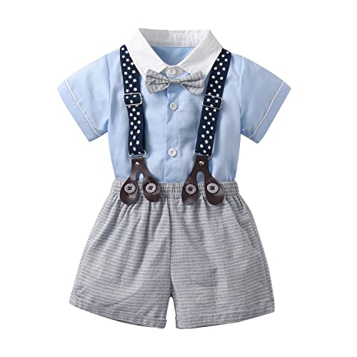 stylesilove Infant Baby Boys Blue Bowtie Romper and Plaid Shorts, Star Suspenders Gentleman Suit 3pcs Outfit