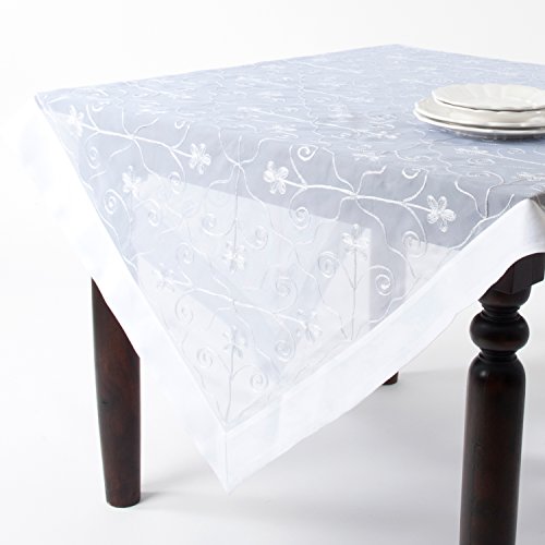 Fennco Styles Floral Embroidery Satin Border Sheer White Tablecloth. 80 Inch Square. One Piece