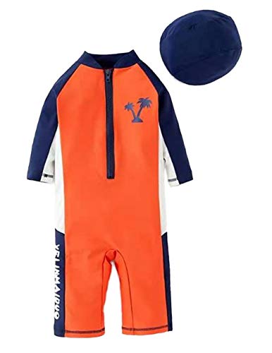 Styles I Love Kid Boys Palm Tree Orange Long Sleeve One-Piece Zipper Rash Guard Swimsuit with Swim Hat 2pcs Beach Swimwear