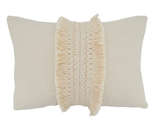 Fennco Styles Delicate Flower Fringe Applique Cotton Decorative Throw Pillow Cover 12 x 18 Inch - Ivory Accent Cushion for Home, Couch, Living Room and Everyday Décor