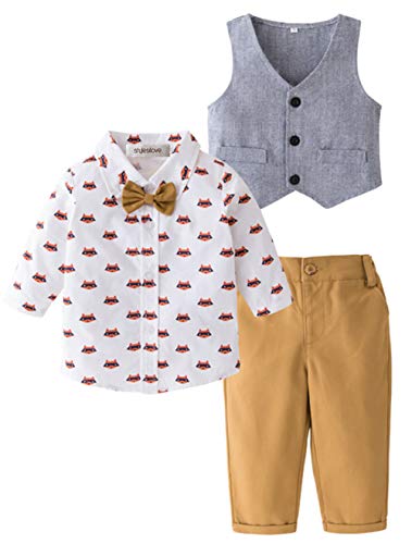 stylesilove Little Boy Foxy Design Clothing Suit, All over Fox Print Shirt, Vest Coat and Pants 3pcs Outfit
