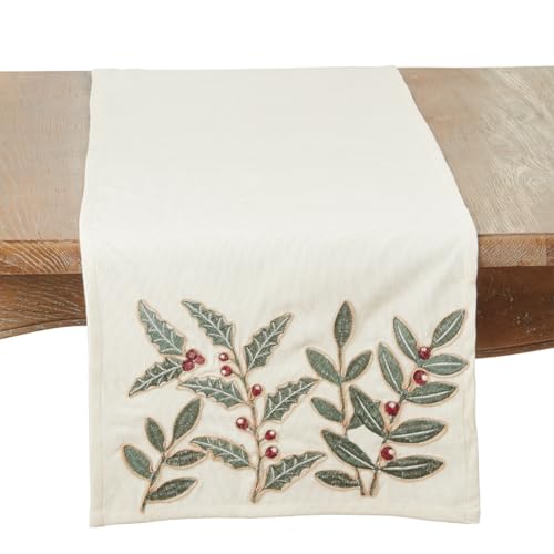 Fennco Styles Festive Holly Berry Table Runner 16" W x 72" L - Ivory Holiday Table Cover for Christmas, Winter Festivals, Banquets, Family Gatherings and Special Occasions