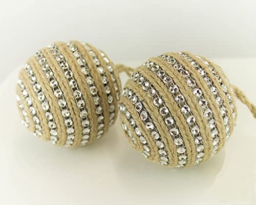 Fennco Styles Handmade Rhinestones & Jute Design Holiday Christmas Tree Ball Ornaments 3" Round, 2-Piece Set