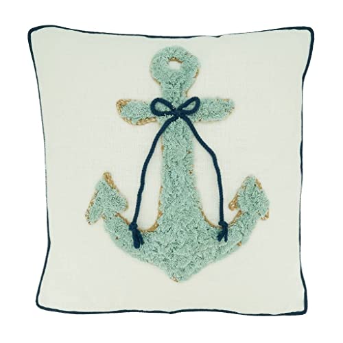Fennco Styles Nautical Anchor Appliqué Cotton Decorative Throw Pillow 18" W x 18" L – Blue Textured Cushion for Couch, Sofa, Bedroom, Office and Living Room Décor
