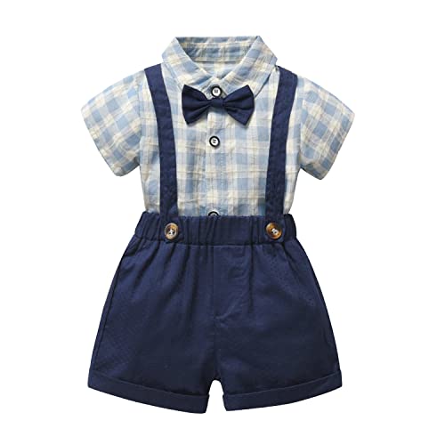 stylesilove Little Boys Short Sleeve Plaid Shirt and Suspender Bottom, Bowtie 3pcs Gentleman Suit Set Cotton Overalls Outfit