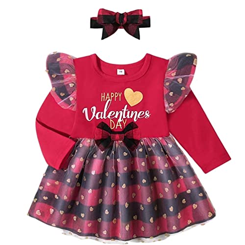 stylesilove Infant Baby Girls Long Sleeve Valentine's Day Glitter Love Heart Tulle Plaid Ruffle Dress & Headband 2pcs Outfit