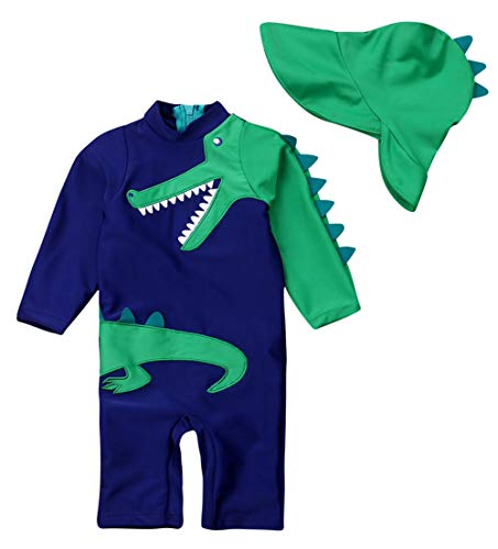 Styles I Love Baby Toddler Boys Crocodile One-Piece Short Sleeve Zipper Rash Guard & Sun Hat 2pcs Swimsuit Beach Bathing Suit