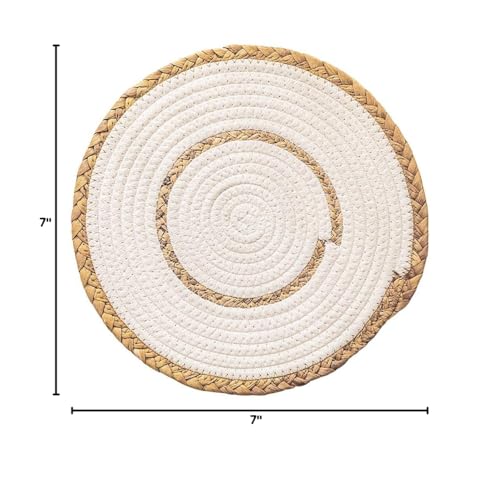 Fennco Styles Hand-Woven Rattan Cotton Rope Braided Placemats 12-Inch Round, Set of 4 - Heat Resistant Insulation Table Mats for Home, Boho Décor, Dining Table, Banquets and Special Events