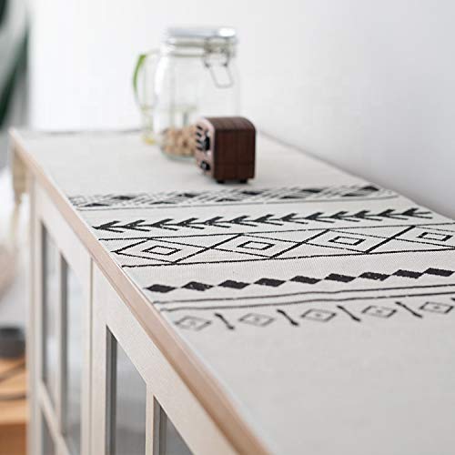 Fennco Styles Boho Farmhouse Woven Fringe Tasseled 14 x 71 Inch Tribal Table Runner – White and Black Table Runner for Everyday Use, Dinner Parties, Special Events and Home Décor