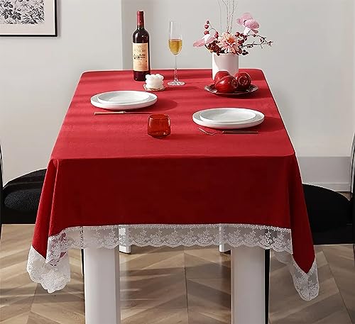 Fennco Styles White Lace Trimmed Red Holiday Cotton Woven Tablecloth 40" W x 58" L - Solid Color Table Cover for Christmas, Wedding Décor, Banquets and Family Gatherings