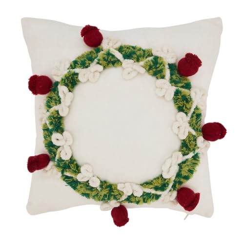 Fennco Styles Chrismtas Wreath Design Cotton Throw Pillow Cover 12" W X 12" L - Multicolored Festive Accent Pillow Case for Winter Holidays, Home, Couch, Bedroom, Living Room and Office Décor
