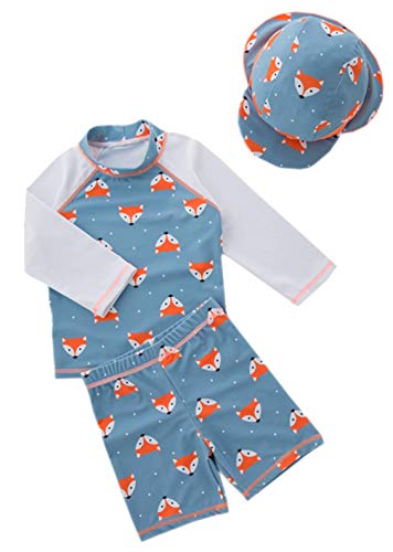 stylesilove Boys Little Fox Rash Guard and Swim Shorts with Sun Hat 3pcs Swimsuit Beach Swimwear