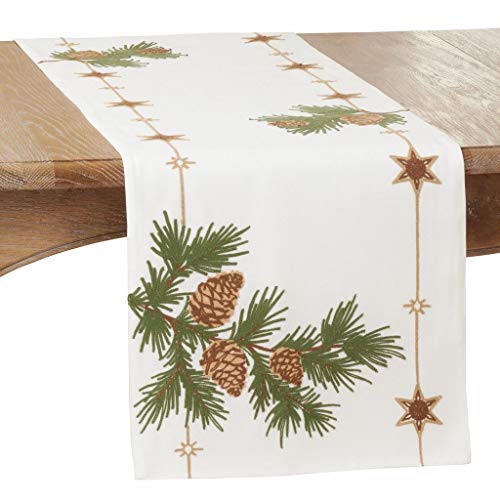 Fennco Styles Embroidered Pinecone Christmas Table Runner 16" W x 70" L - Festive Table Cover for Home Décor, Dining Table, Banquet, Family Gathering, Holiday and Special Occasion
