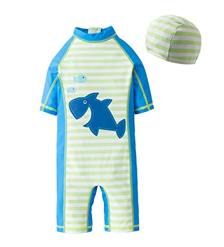stylesilove Kid Boys Whale Shark One-Piece Short Sleeve Zipper Rash Guard & Swim Hat 2pcs Swimsuit Pool Beach Bathing Suit