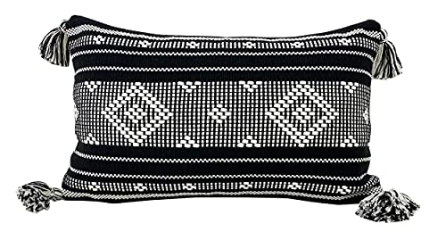 Fennco Styles Diamond Woven Cotton Decorative Throw Pillow with Tassel 18" W x 18" L - Black Square Cushion for Home, Couch, Bedroom, Living Room and Office Décor