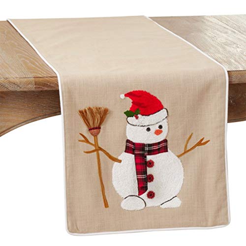 Fennco Styles Embroidered Snowman Christmas Cotton Table Runner 16" W x 72" L - Natural Festive Table Cover for Home Décor, Dining Table, Banquet, Holiday, Family Gathering and Special Occasion