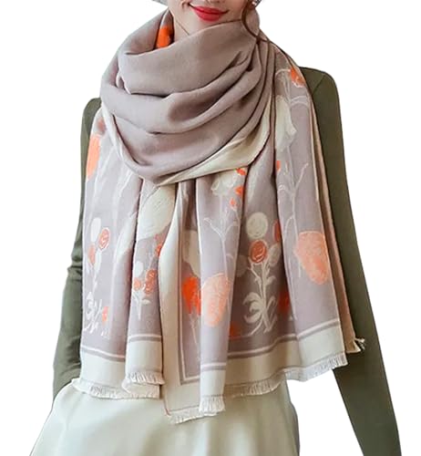 stylesilove Women Woven Floral Cashmere Like Grey Scarf Warm Flower Design Scarves Ultra Soft Shawl Neck Wraps for All Season