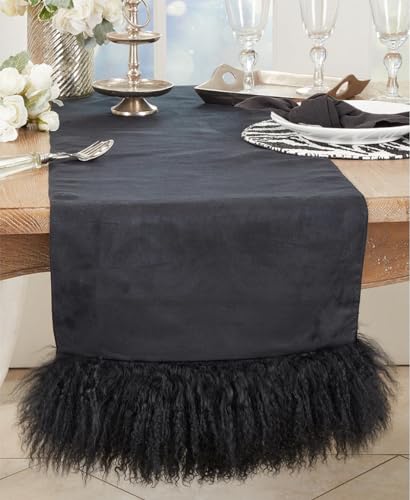Fennco Styles Genuine Mongolian Lamb Fur Table Runner 16" W x 72" L – Black Plush Table Cover for Dining Room, Banquets, Family Gatherings, Holidays, Special Events and Home Décor
