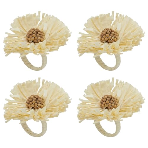 Fennco Styles Handmade Raffia Flower Decorative Napkin Rings, Set of 4 - White Rustic Floral Napkin Holders for Dining Table, Banquet, Spring and Summer Décor and Special Events
