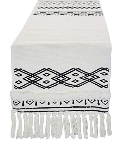 Fennco Styles Boho Farmhouse Woven Fringe Tasseled 14 x 71 Inch Tribal Table Runner – White and Black Table Runner for Everyday Use, Dinner Parties, Special Events and Home Décor