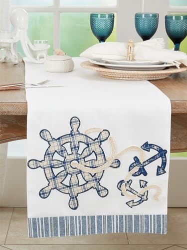 Fennco Styles Navy Blue Helm & Anchor Table Runner 14" W x 72" – Nautical Design Table Runner for Home, Seaside Dining, Beach House, Themed Party Décor and Special Events