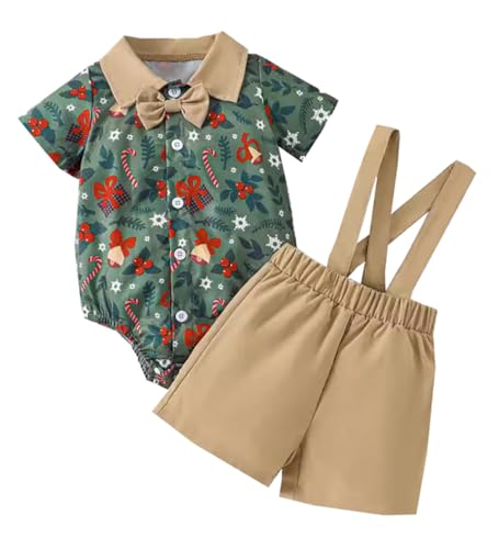 stylesilove Infant Baby Boy Green Christmas Printed Short Sleeve Bodysuit and Suspender Shorts 2pcs Holiday Xmas Outfit