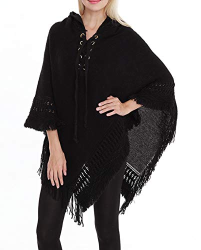 Styles I Love Women Fringed Lace Up Hooded Poncho Pullover Cardigan Soft Wrap for Winter Season