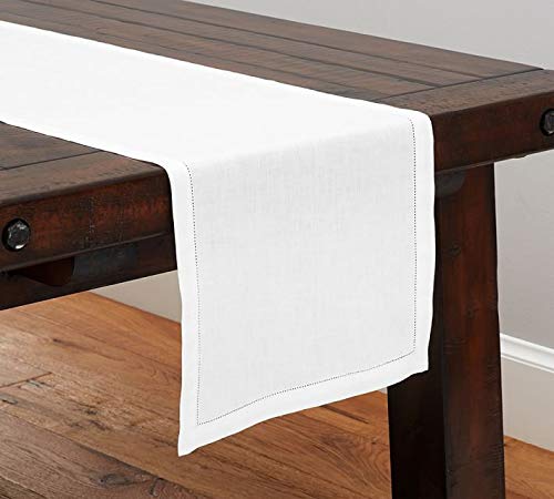 Fennco Styles White Handmade Basic Hemstitch Border Linen-Cotton Table Runner 16" W X 90" L